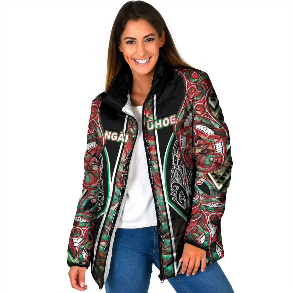 Aotearoa Ngai Tuhoe Padded Jacket Maori Tribal Red And Green Paua Shell Pattern DT05 Women Red - Polynesian Pride