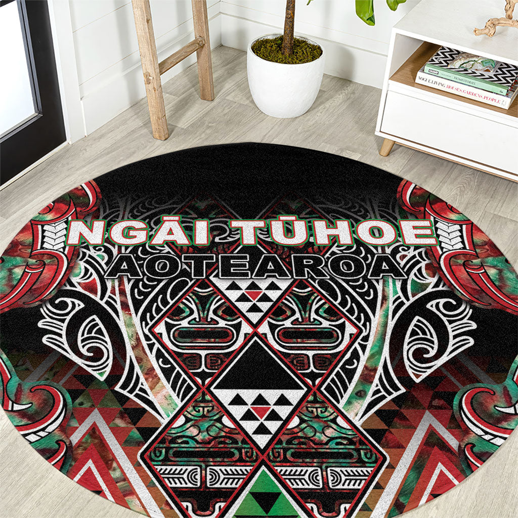 Aotearoa Ngai Tuhoe Round Carpet Maori Tribal Red And Green Paua Shell Pattern DT05 Red - Polynesian Pride