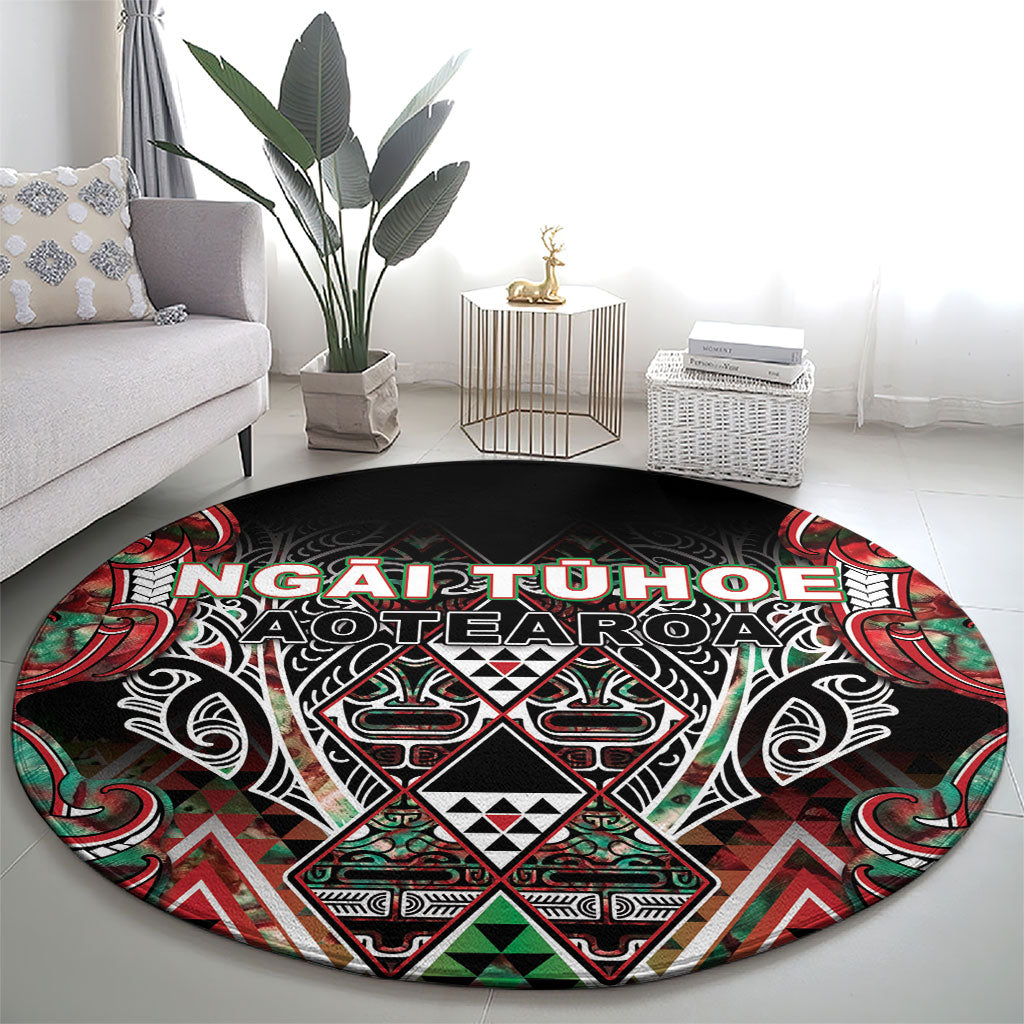 Aotearoa Ngai Tuhoe Round Carpet Maori Tribal Red And Green Paua Shell Pattern DT05 - Polynesian Pride