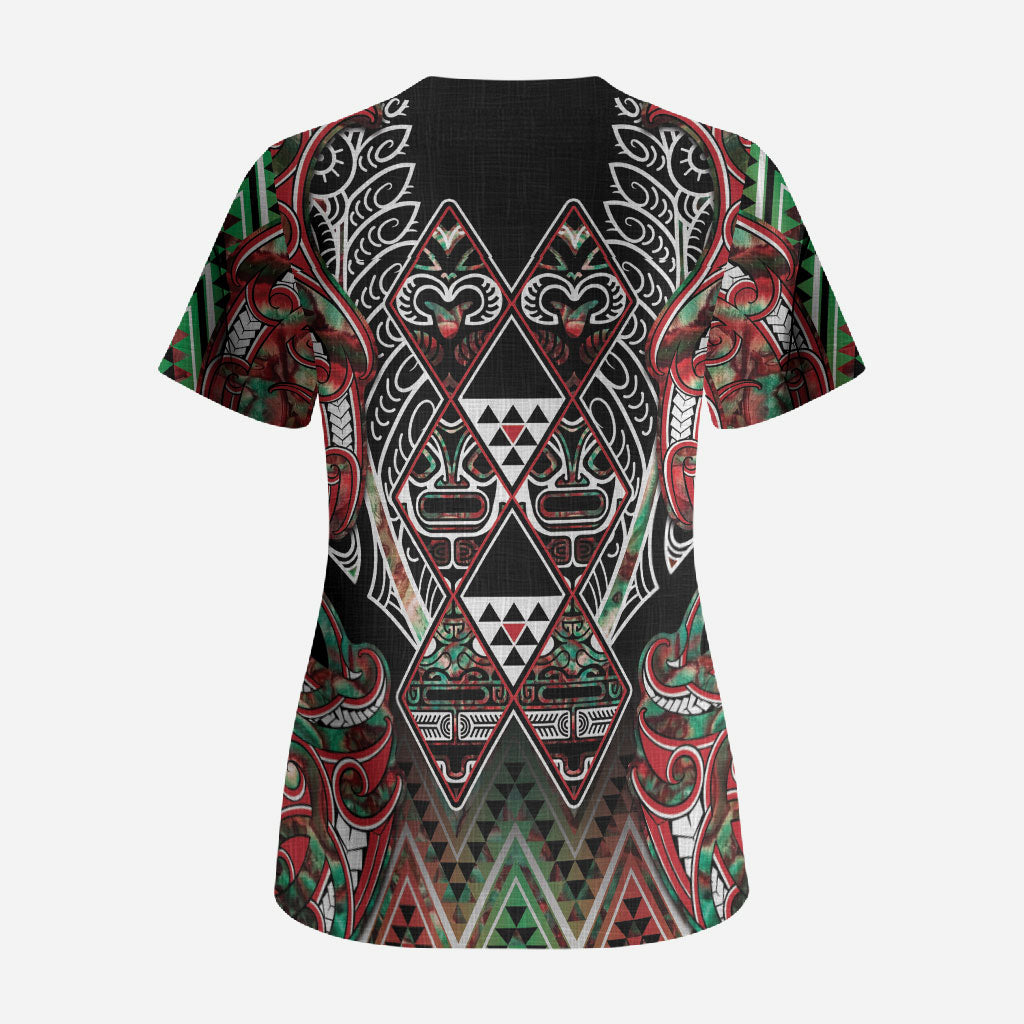Aotearoa Ngai Tuhoe Scrub Top Maori Tribal Red And Green Paua Shell Pattern DT05 - Polynesian Pride