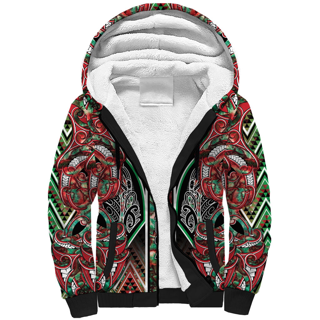 Aotearoa Ngai Tuhoe Sherpa Hoodie Maori Tribal Red And Green Paua Shell Pattern DT05 Unisex Red - Polynesian Pride