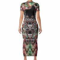 Aotearoa Ngai Tuhoe Short Sleeve Bodycon Dress Maori Tribal Red And Green Paua Shell Pattern DT05 - Polynesian Pride
