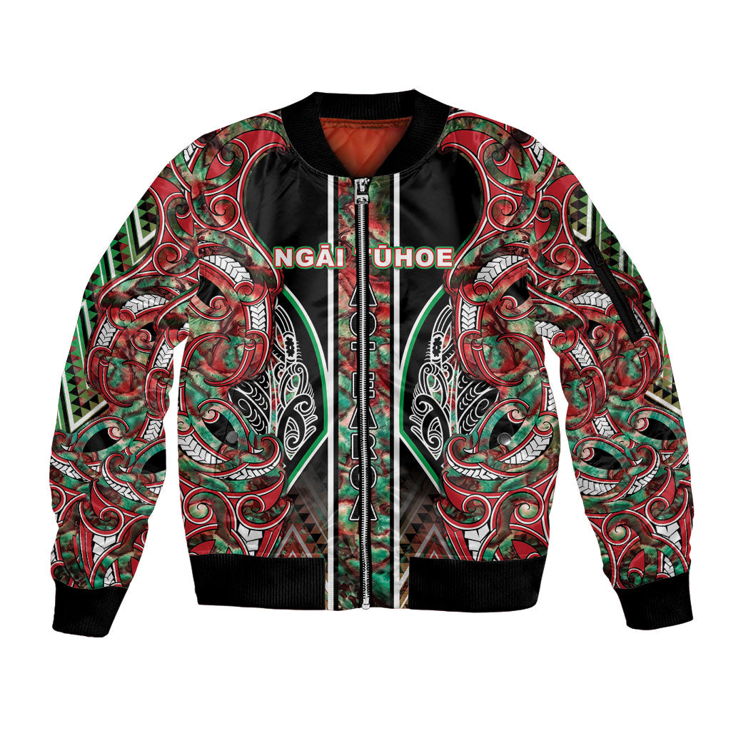 Aotearoa Ngai Tuhoe Sleeve Zip Bomber Jacket Maori Tribal Red And Green Paua Shell Pattern DT05 Unisex Red - Polynesian Pride