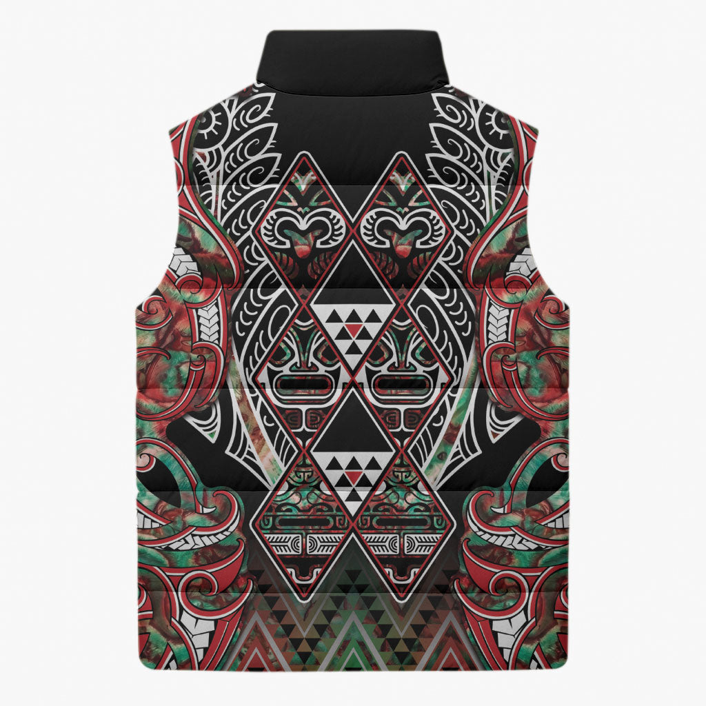 Aotearoa Ngai Tuhoe Sleeveless Puffer Jacket Maori Tribal Red And Green Paua Shell Pattern DT05 - Polynesian Pride
