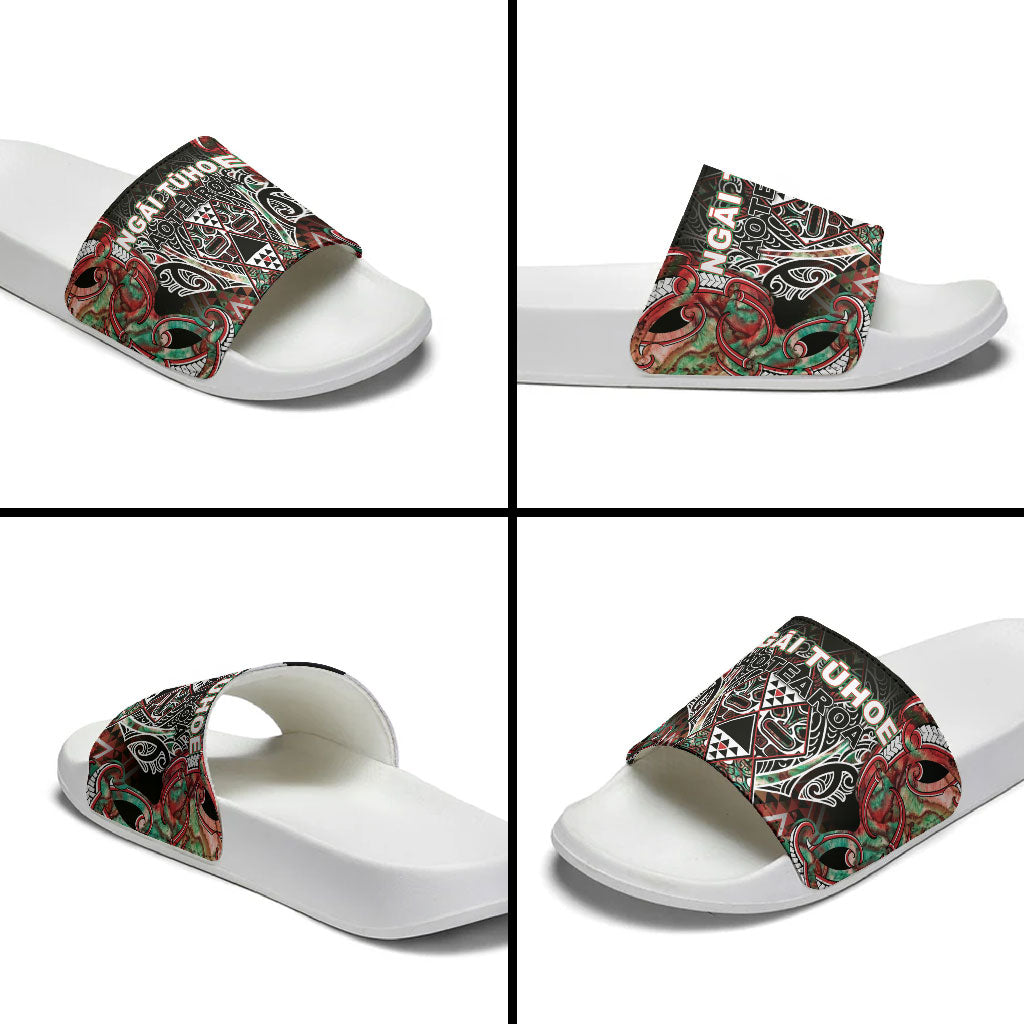 Aotearoa Ngai Tuhoe Slide Sandals Maori Tribal Red And Green Paua Shell Pattern DT05 - Polynesian Pride