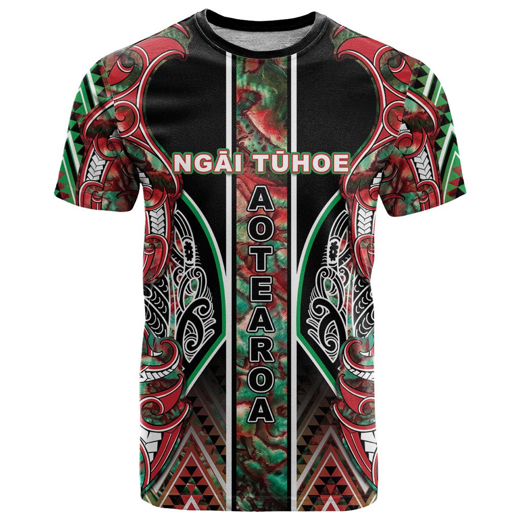 Aotearoa Ngai Tuhoe T Shirt Maori Tribal Red And Green Paua Shell Pattern DT05 Red - Polynesian Pride