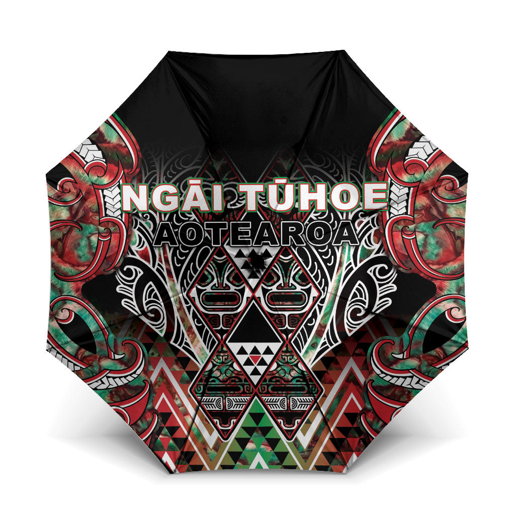 Aotearoa Ngai Tuhoe Umbrella Maori Tribal Red And Green Paua Shell Pattern DT05 One Size Folded 11.42 inch Opened Diameter 37.4 inch Red - Polynesian Pride