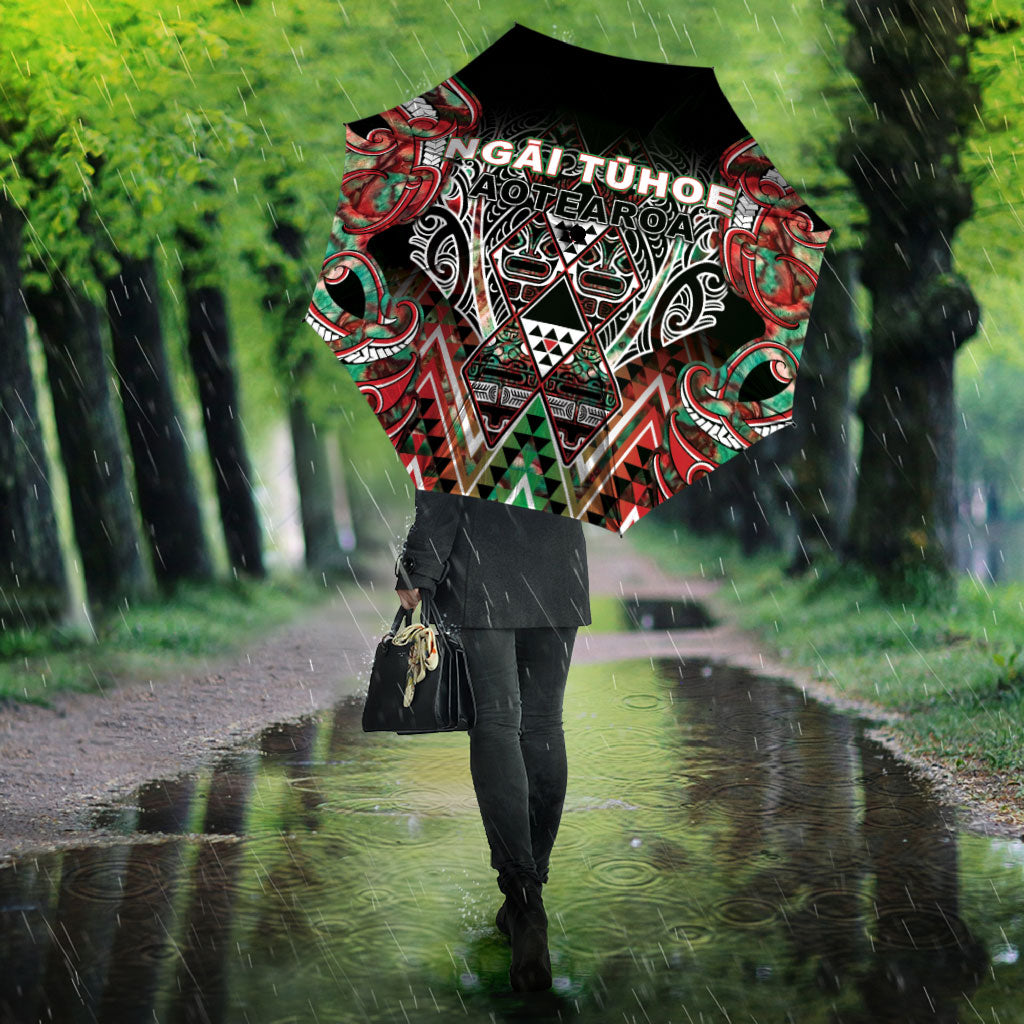 Aotearoa Ngai Tuhoe Umbrella Maori Tribal Red And Green Paua Shell Pattern DT05 - Polynesian Pride