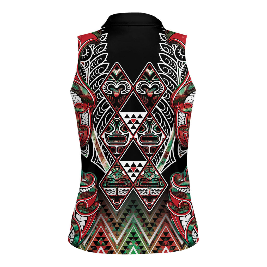 Aotearoa Ngai Tuhoe Women Sleeveless Polo Shirt Maori Tribal Red And Green Paua Shell Pattern DT05 - Polynesian Pride
