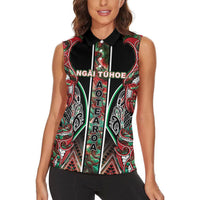 Aotearoa Ngai Tuhoe Women Sleeveless Polo Shirt Maori Tribal Red And Green Paua Shell Pattern DT05 - Polynesian Pride