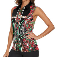 Aotearoa Ngai Tuhoe Women Sleeveless Polo Shirt Maori Tribal Red And Green Paua Shell Pattern DT05 - Polynesian Pride