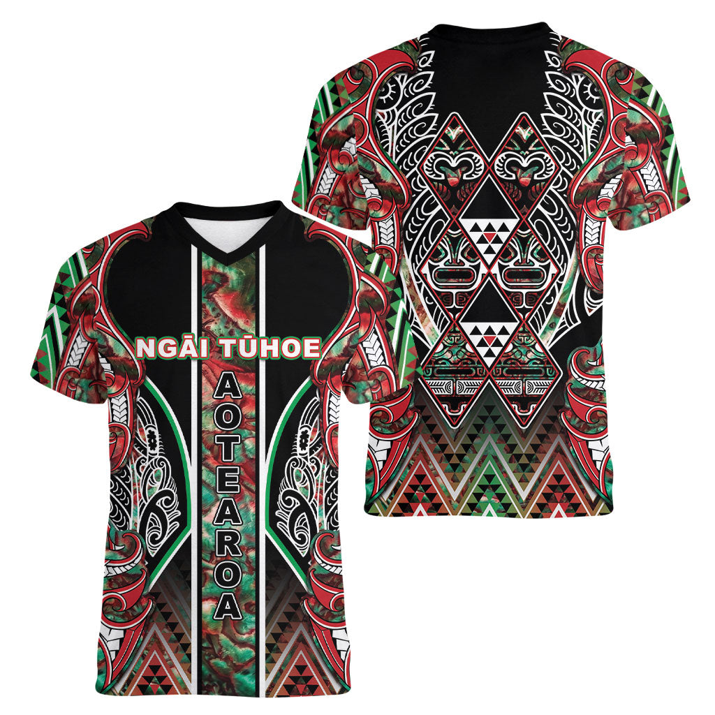 Aotearoa Ngai Tuhoe Women V-Neck T-Shirt Maori Tribal Red And Green Paua Shell Pattern DT05 - Polynesian Pride