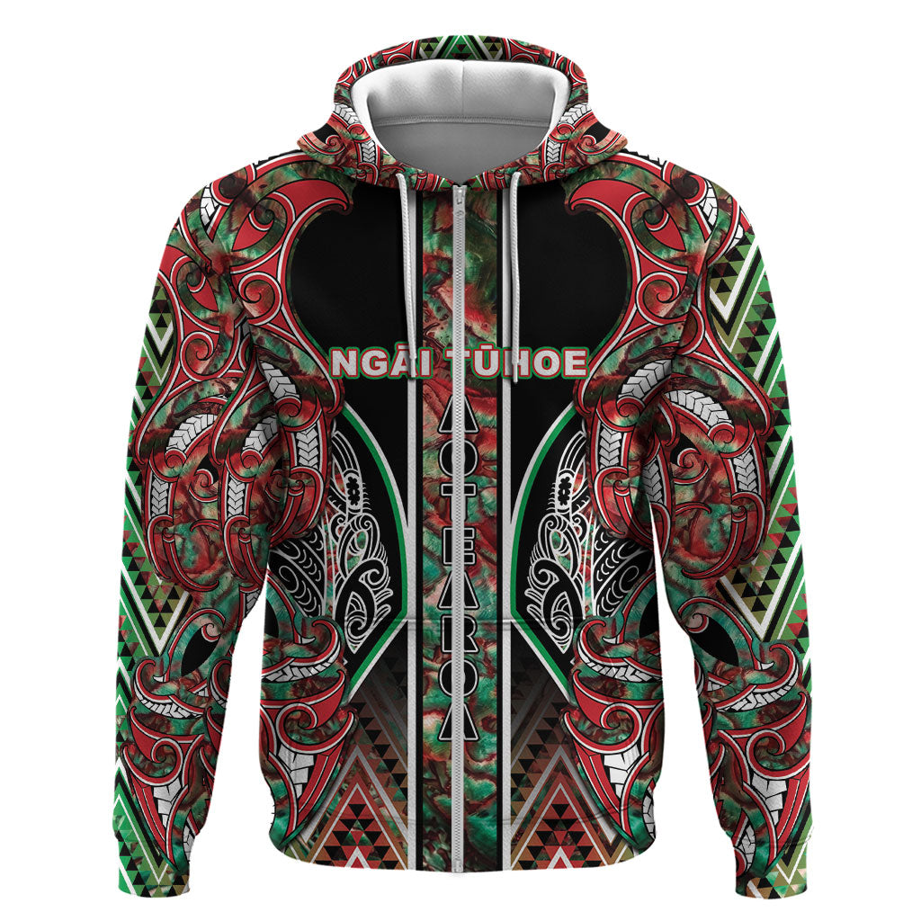 Aotearoa Ngai Tuhoe Zip Hoodie Maori Tribal Red And Green Paua Shell Pattern DT05 Zip Hoodie Red - Polynesian Pride