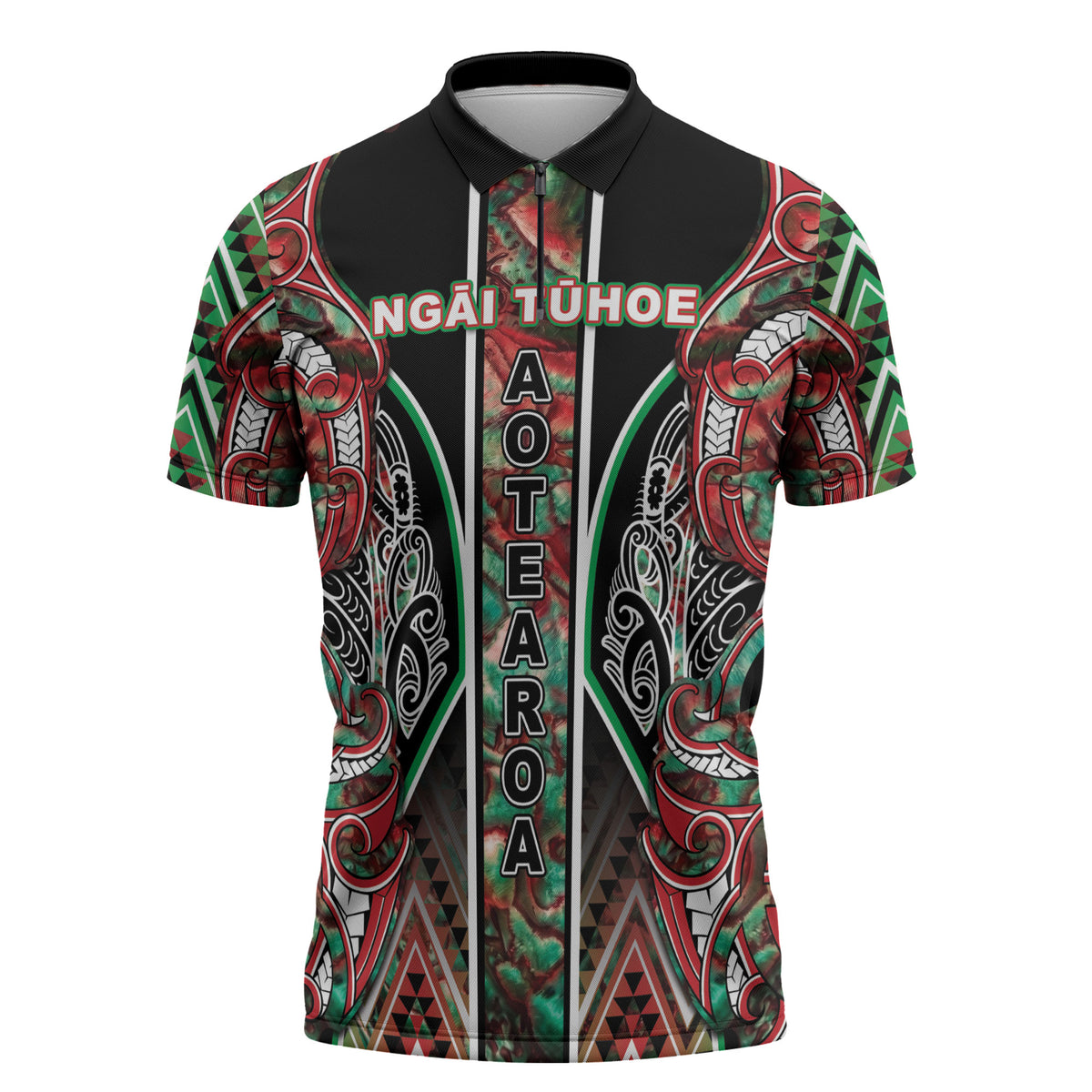 Aotearoa Ngai Tuhoe Zipper Polo Shirt Maori Tribal Red And Green Paua Shell Pattern DT05 Red - Polynesian Pride