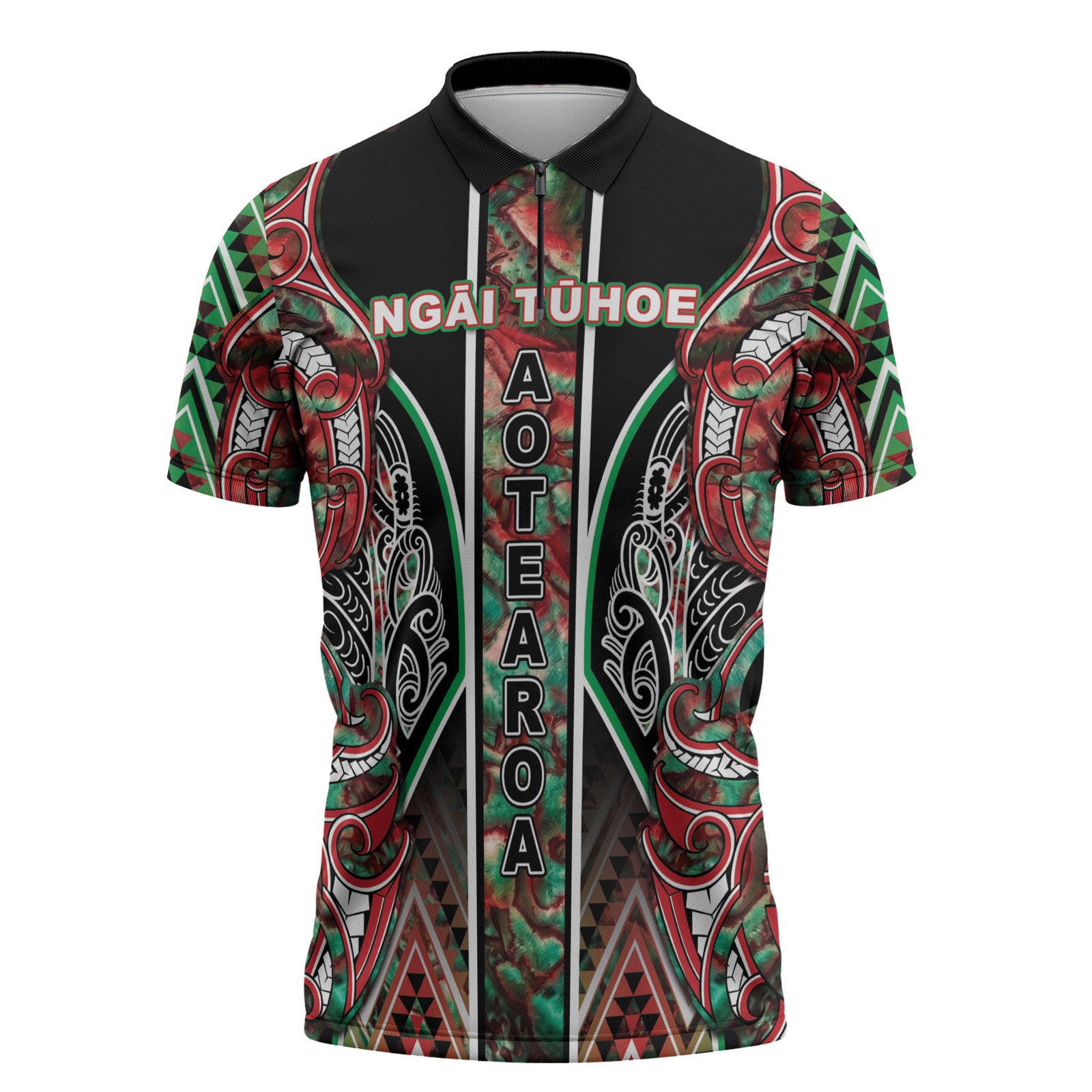 Aotearoa Ngai Tuhoe Zipper Polo Shirt Maori Tribal Red And Green Paua Shell Pattern DT05 Red - Polynesian Pride