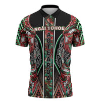 Aotearoa Ngai Tuhoe Zipper Polo Shirt Maori Tribal Red And Green Paua Shell Pattern DT05 Red - Polynesian Pride