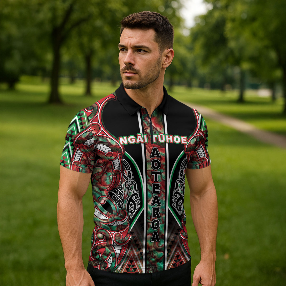 Aotearoa Ngai Tuhoe Zipper Polo Shirt Maori Tribal Red And Green Paua Shell Pattern DT05 - Polynesian Pride