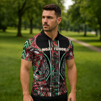 Aotearoa Ngai Tuhoe Zipper Polo Shirt Maori Tribal Red And Green Paua Shell Pattern DT05 - Polynesian Pride