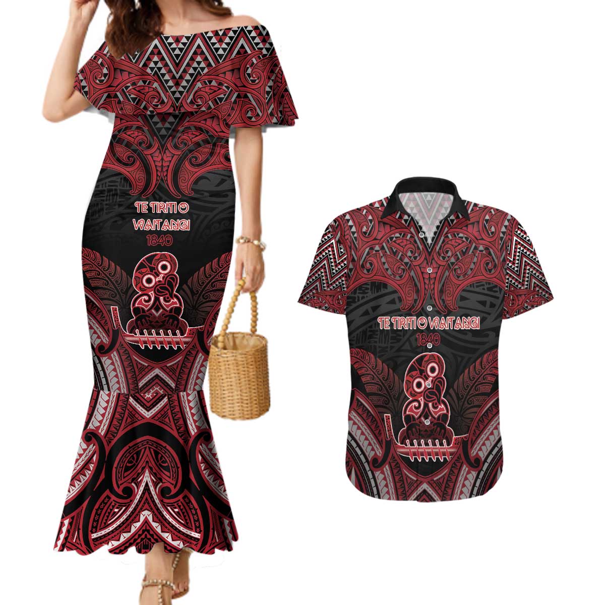 Personalised New Zealand Waitangi Day Couples Matching Mermaid Dress and Hawaiian Shirt Te Tiriti O Waitangi 1840 DT05 Black - Polynesian Pride