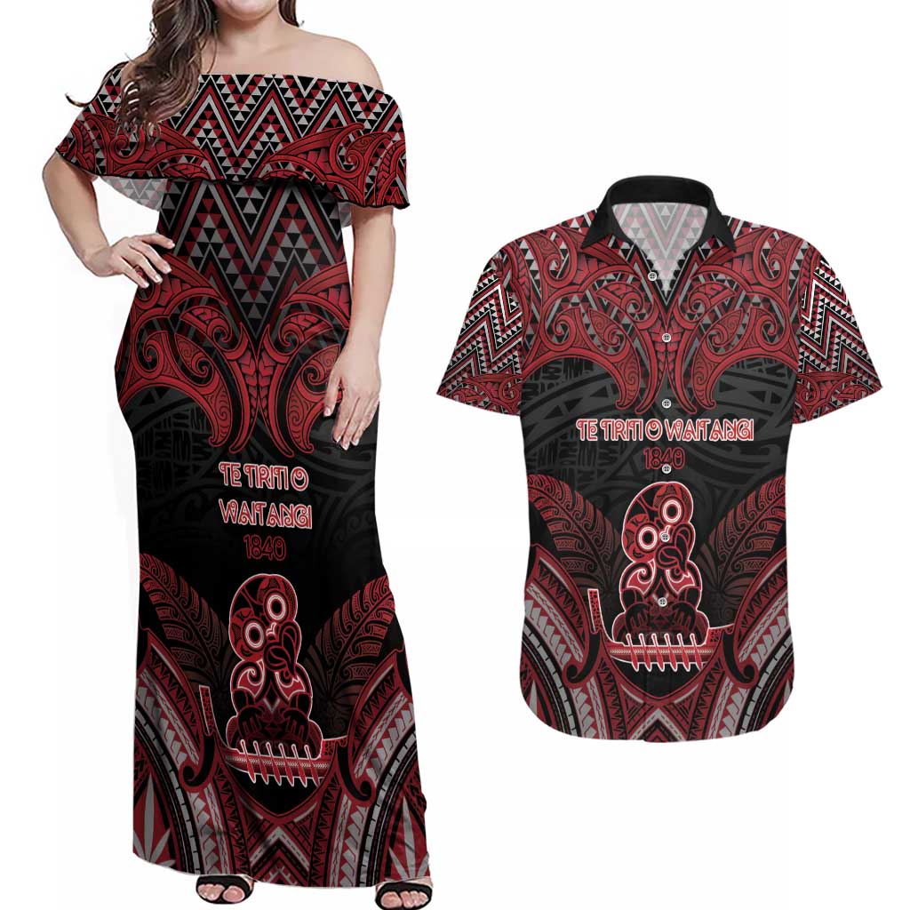 Personalised New Zealand Waitangi Day Couples Matching Off Shoulder Maxi Dress and Hawaiian Shirt Te Tiriti O Waitangi 1840 - Polynesian Pride
