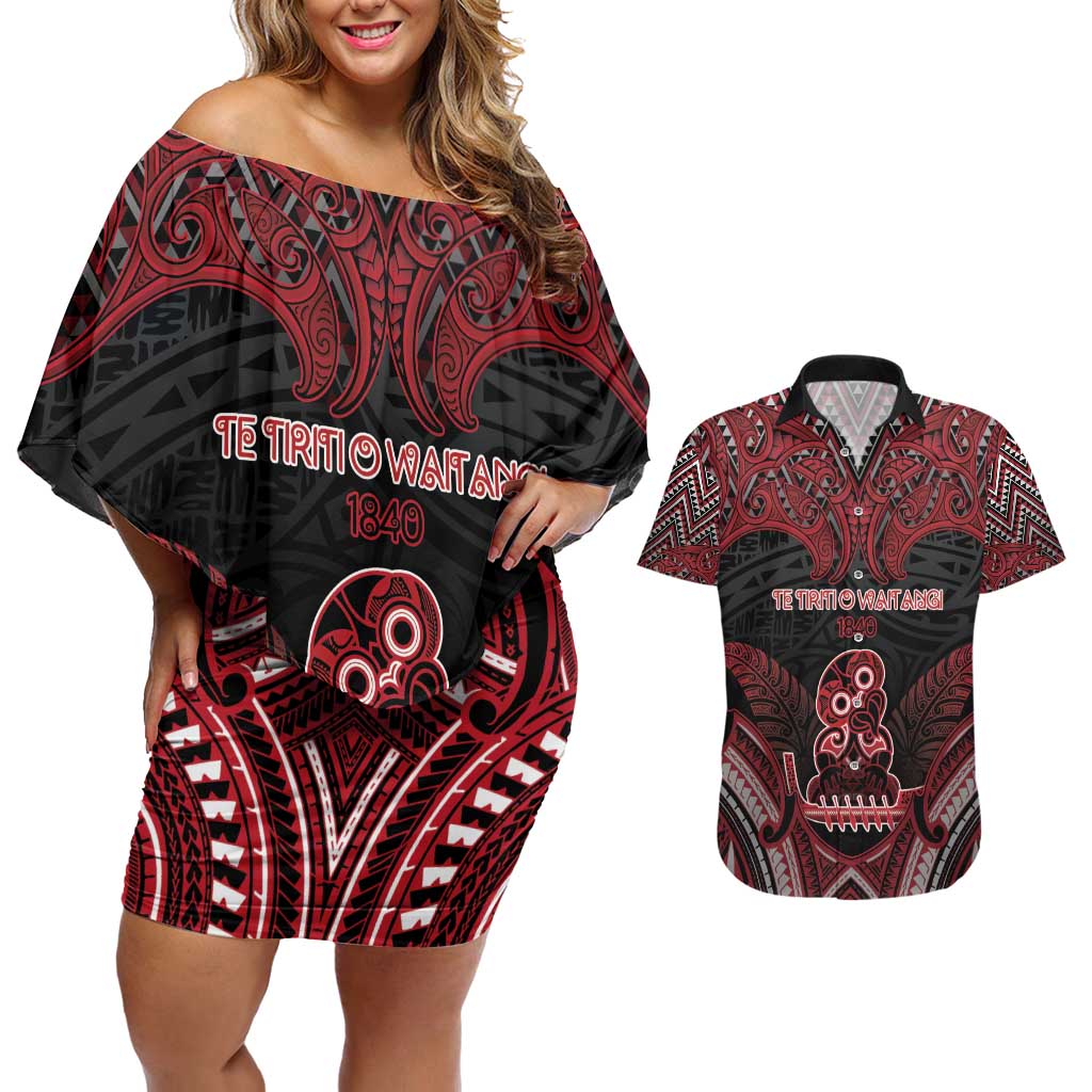 Personalised New Zealand Waitangi Day Couples Matching Off Shoulder Short Dress and Hawaiian Shirt Te Tiriti O Waitangi 1840 - Polynesian Pride