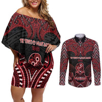 Personalised New Zealand Waitangi Day Couples Matching Off Shoulder Short Dress and Long Sleeve Button Shirt Te Tiriti O Waitangi 1840 - Polynesian Pride