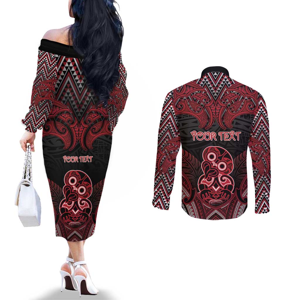 Personalised New Zealand Waitangi Day Couples Matching Off The Shoulder Long Sleeve Dress and Long Sleeve Button Shirt Te Tiriti O Waitangi 1840 - Polynesian Pride
