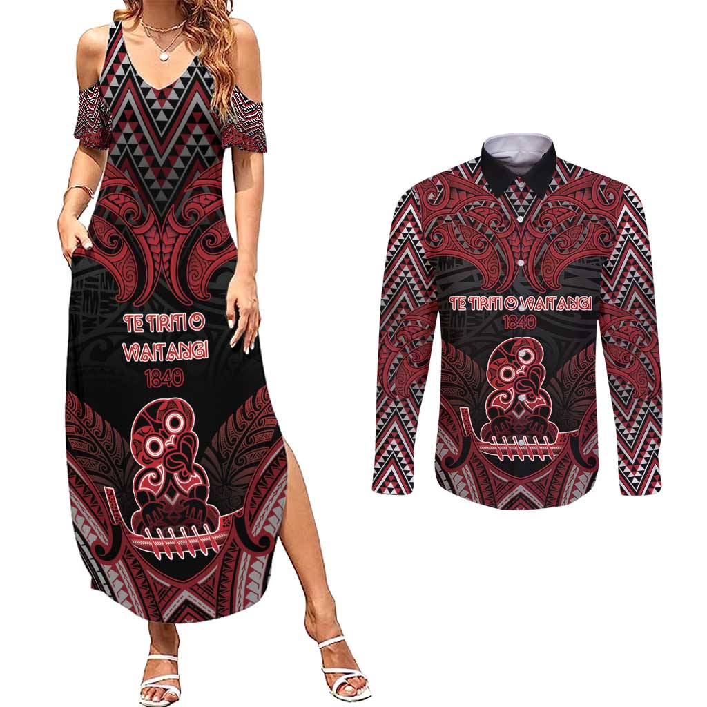 Personalised New Zealand Waitangi Day Couples Matching Summer Maxi Dress and Long Sleeve Button Shirt Te Tiriti O Waitangi 1840 - Polynesian Pride
