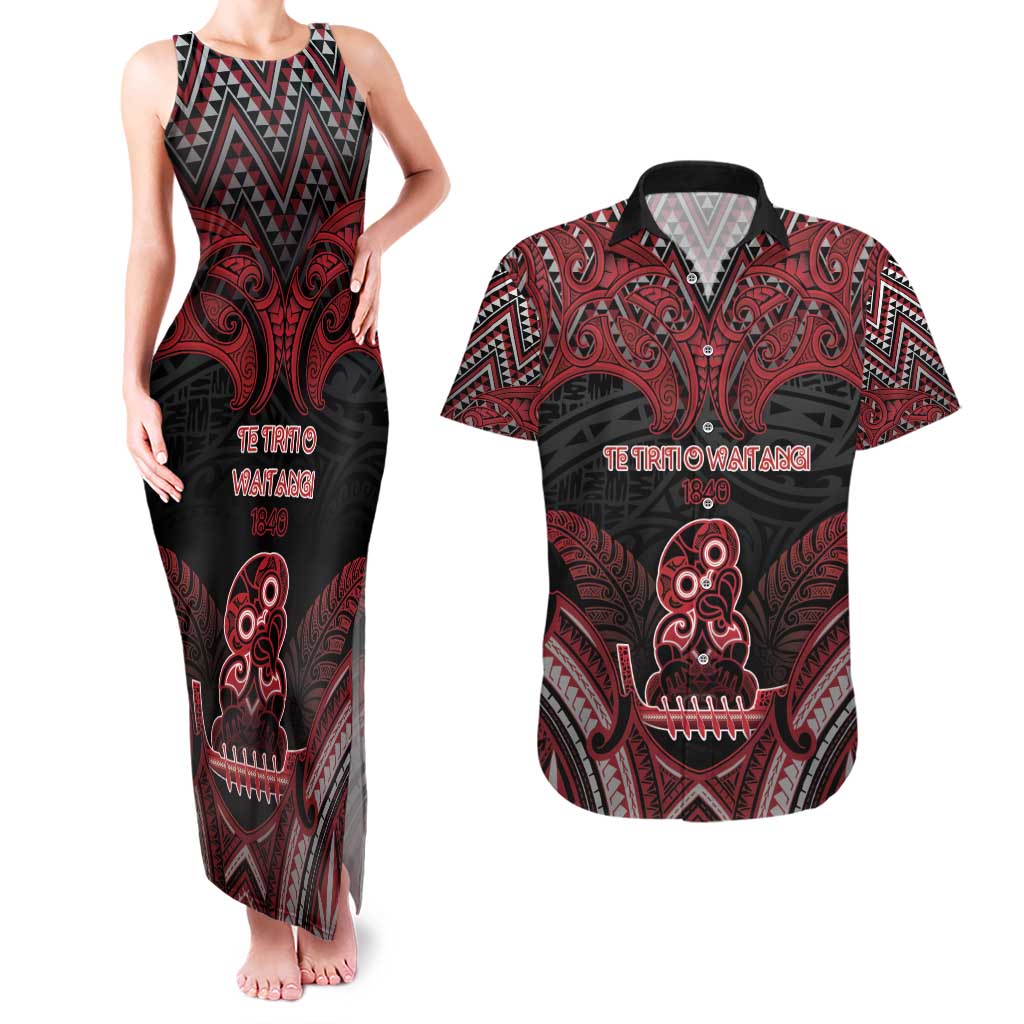 Personalised New Zealand Waitangi Day Couples Matching Tank Maxi Dress and Hawaiian Shirt Te Tiriti O Waitangi 1840 DT05 Black - Polynesian Pride