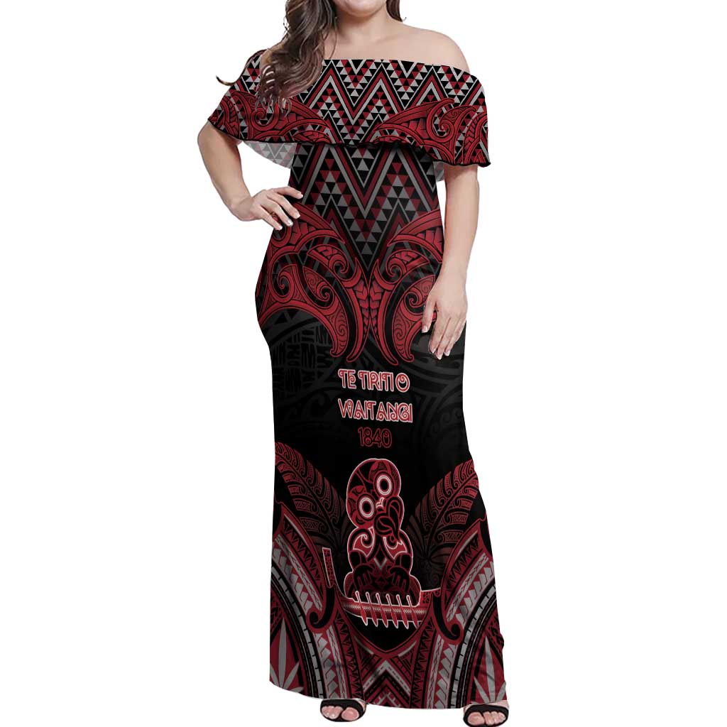 Personalised New Zealand Waitangi Day Off Shoulder Maxi Dress Te Tiriti O Waitangi 1840 - Polynesian Pride