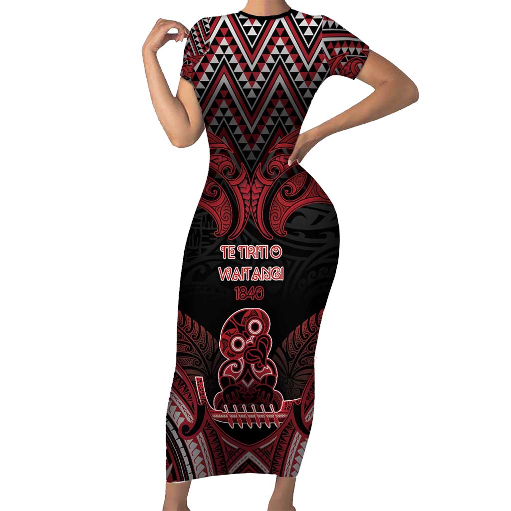 Personalised New Zealand Waitangi Day Short Sleeve Bodycon Dress Te Tiriti O Waitangi 1840 - Polynesian Pride