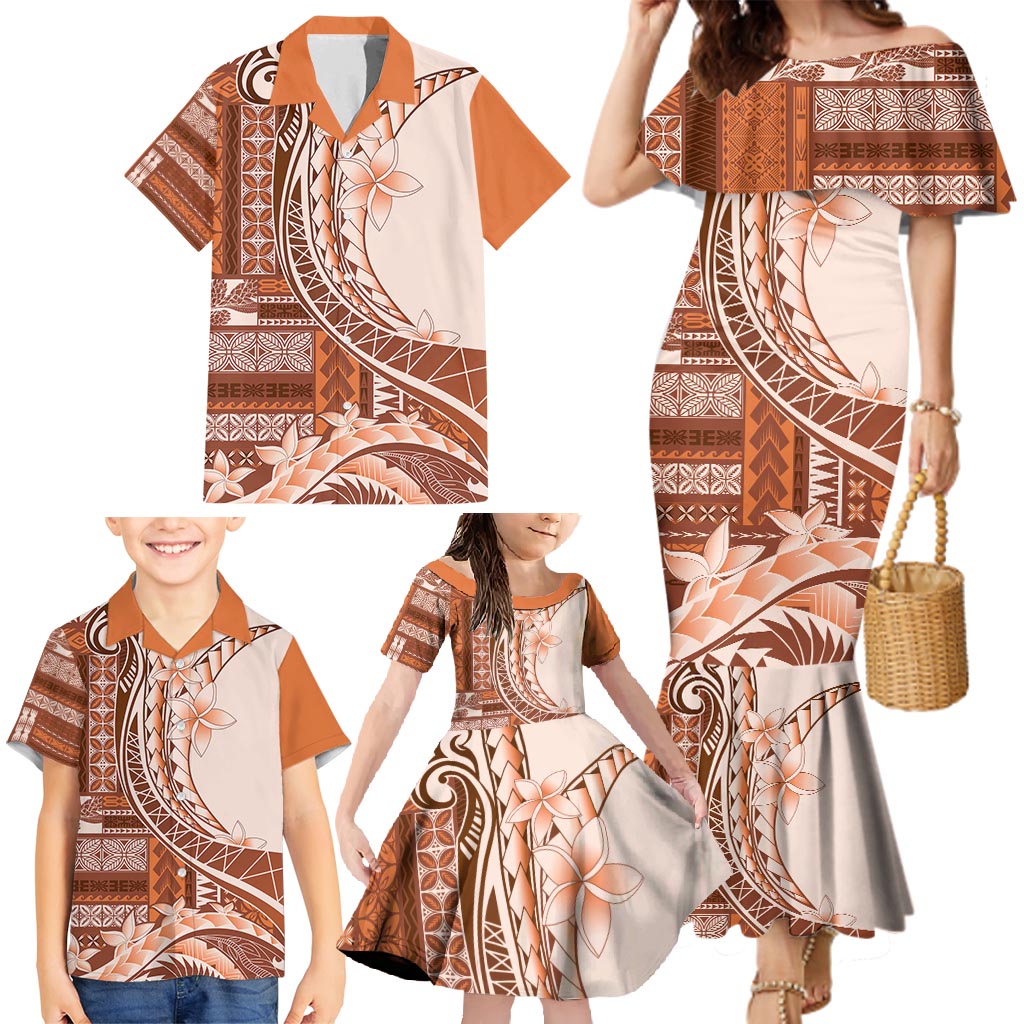 Samoa Siapo Mamanu Family Matching Mermaid Dress and Hawaiian Shirt Plumeria Orange Motifs LT7