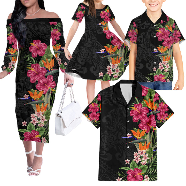 Hawaii Flowers Tribal Pattern Family Matching Off Shoulder Long Sleeve Dress and Hawaiian Shirt LT9 - Polynesian Pride
