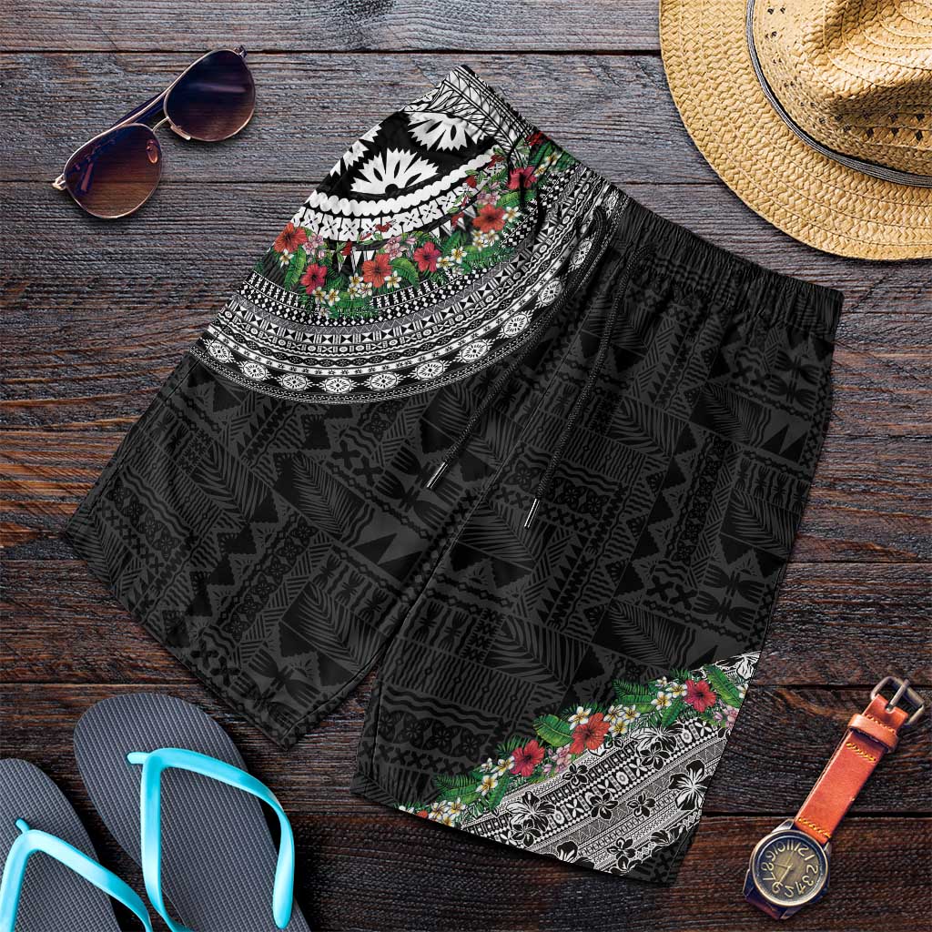 Fiji Hibiscus Shorts for Men Tapa Masi Motifs with Tropical Plants LT03 Black - Polynesian Pride