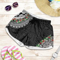 Fiji Hibiscus Shorts for Women Tapa Masi Motifs with Tropical Plants LT03 Black - Polynesian Pride