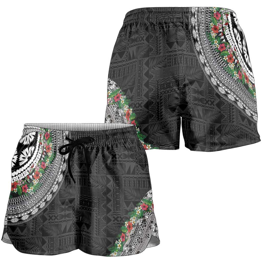 Fiji Hibiscus Shorts for Women Tapa Masi Motifs with Tropical Plants LT03 - Polynesian Pride