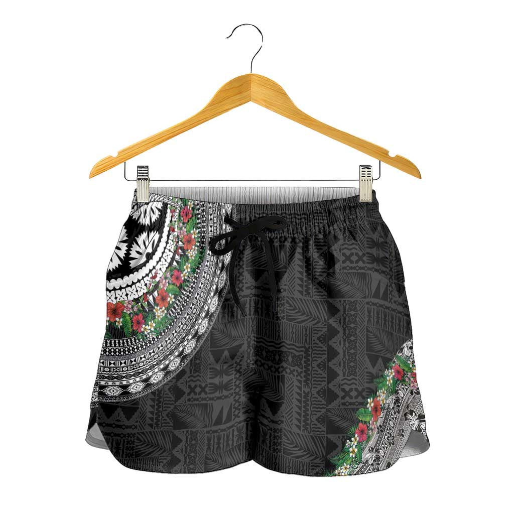 Fiji Hibiscus Shorts for Women Tapa Masi Motifs with Tropical Plants LT03 - Polynesian Pride