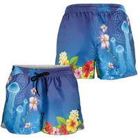Fiji Jellyfish Shorts for Women Tapa Patterns and Hibiscus Sea Vibe