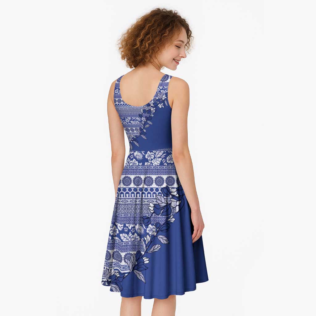 Fiji Marau na Kerisimasi Midi Dress Blue Tagimoucia Tapa Masi Tribal - Polynesian Pride