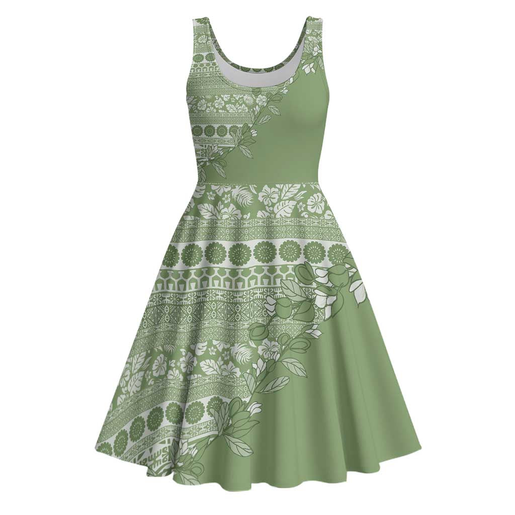 Fiji Marau na Kerisimasi Midi Dress Sage Green Tagimoucia Tapa Masi Tribal - Polynesian Pride
