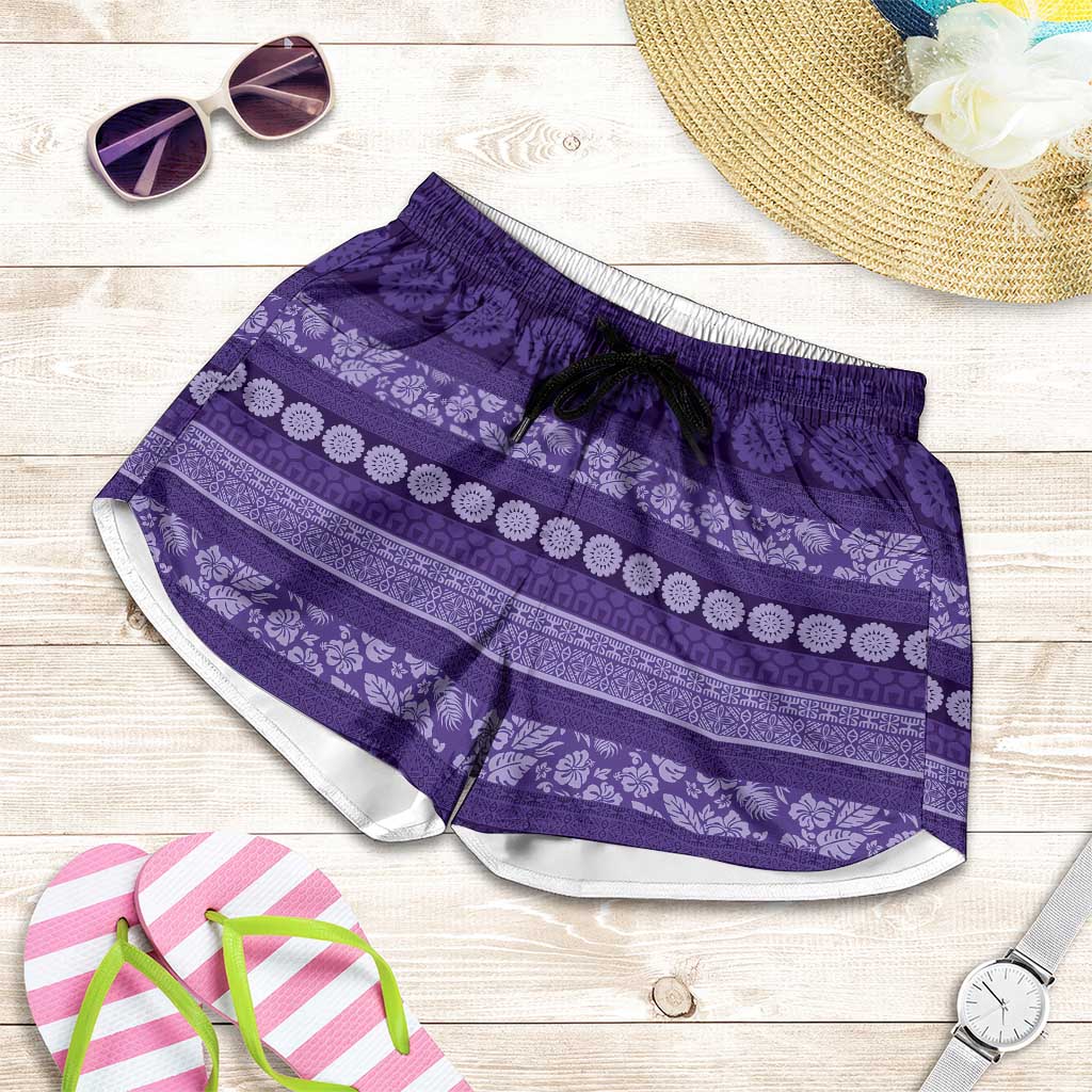Fiji Marau na Kerisimasi Shorts for Women Purple Tapa Masi Inspired Christmas - Polynesian Pride