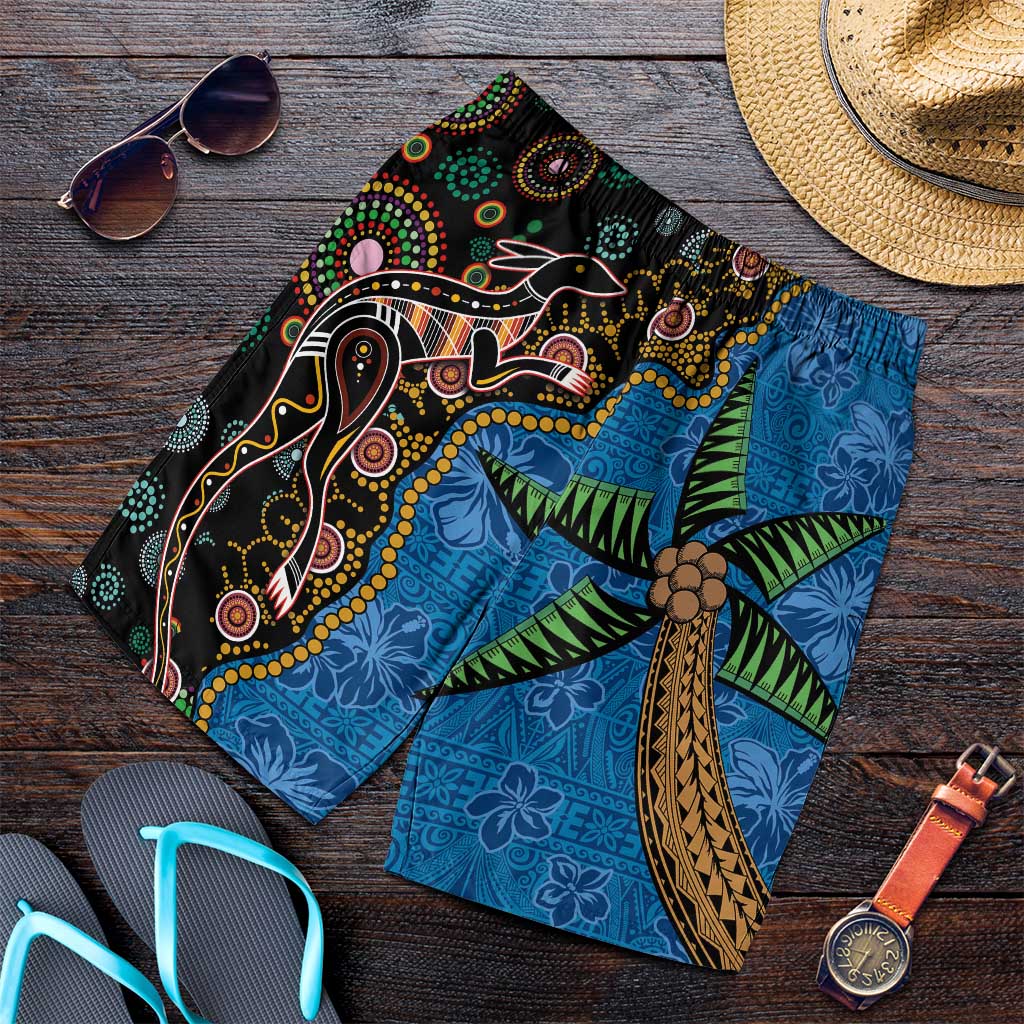 Fijian and Australian Culture Together Shorts for Men Aboriginal Art and Tapa Motifs with Kangaroo and Palm Tree - Polynesian Pride