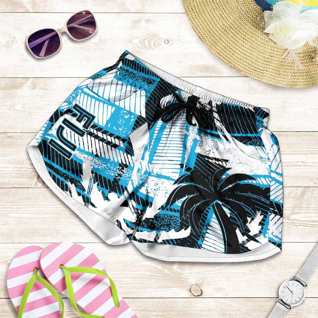 Fijian Rugby Shorts for Women Grunge Palm Stylized LT01 Blue - Polynesian Pride