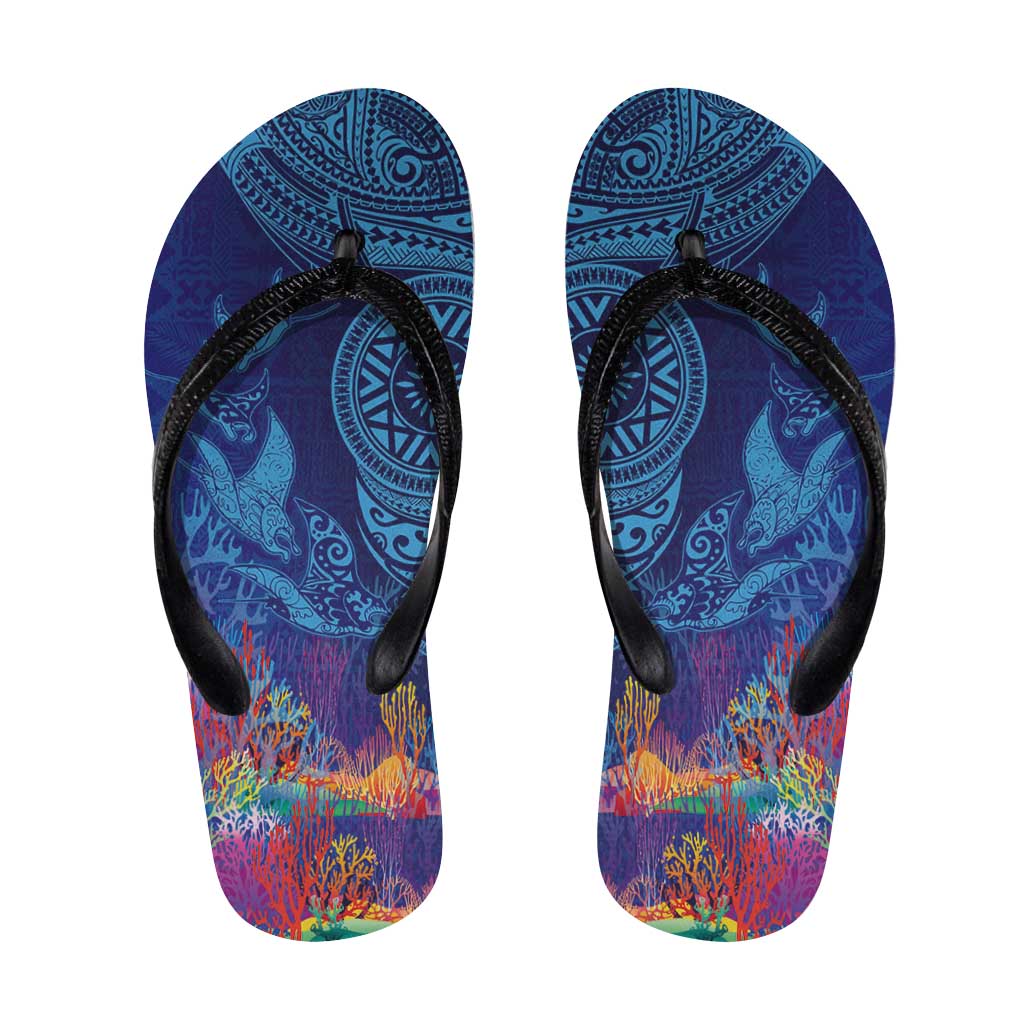 Fijian Tribal Manta Ray Flip Flops Masi Motif with Coral Reef Ocean Vibe LT03 Blue - Polynesian Pride