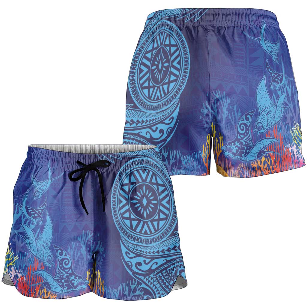 Fijian Tribal Manta Ray Shorts for Women Masi Motif with Coral Reef Ocean Vibe LT03 - Polynesian Pride