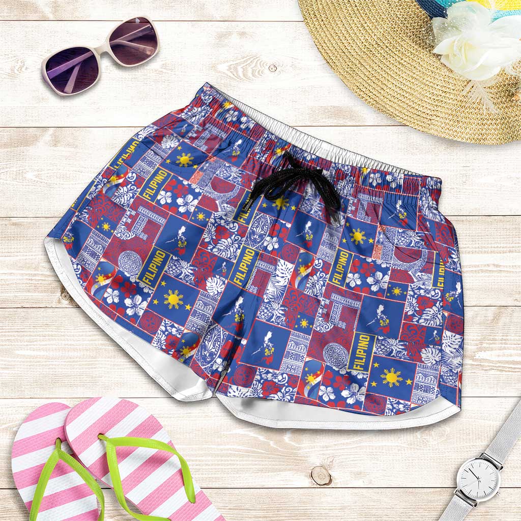 Filipino Maligayang Pasko Shorts for Women Pacific Patchwork Xmas Vibes LT9 Blue - Polynesian Pride