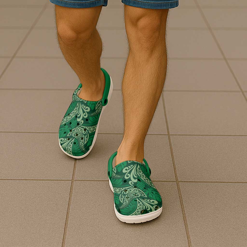 Forest Green Monstera Clogs Shoes Polynesian Tribal Pattern LT01 - Polynesian Pride