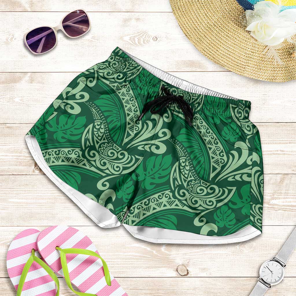 Forest Green Monstera Shorts for Women Polynesian Tribal Pattern LT01 Green - Polynesian Pride