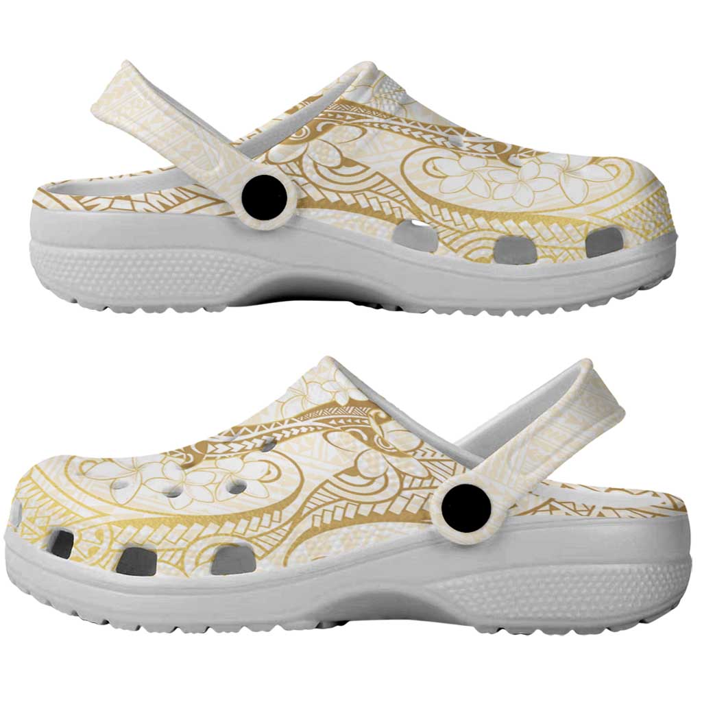 Gold and White Hawaii Clogs Shoes Hammerhead Shark Tattoo Curve Polynesian - Polynesian Pride