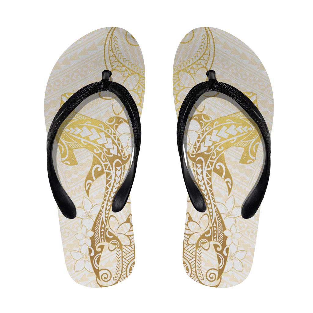 Gold and White Hawaii Flip Flops Hammerhead Shark Tattoo Curve Polynesian - Polynesian Pride